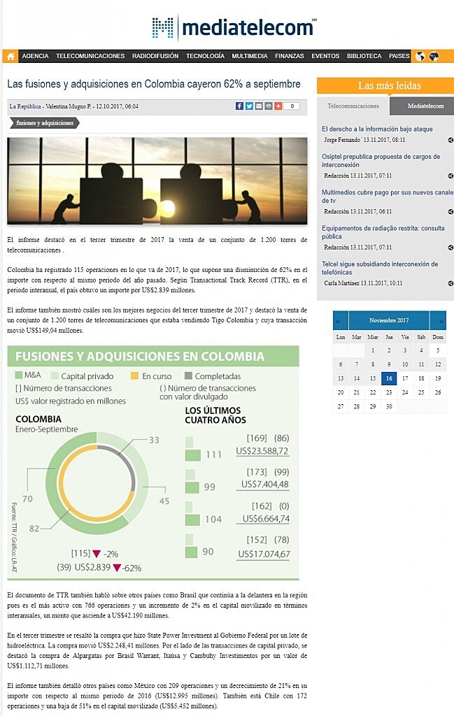 Las fusiones y adquisiciones en Colombia cayeron 62% a septiembre